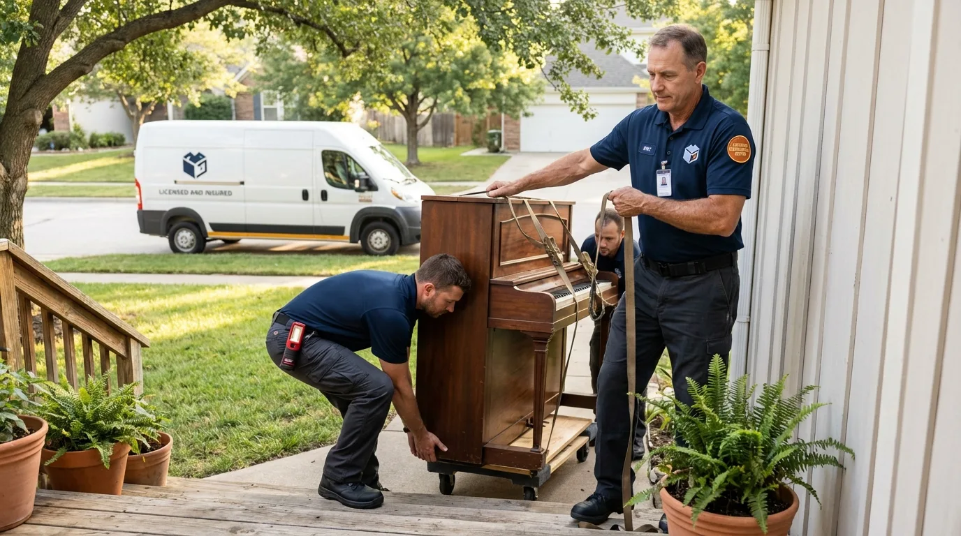 Licensed piano movers securing grand piano in Schofield Barracks, HI