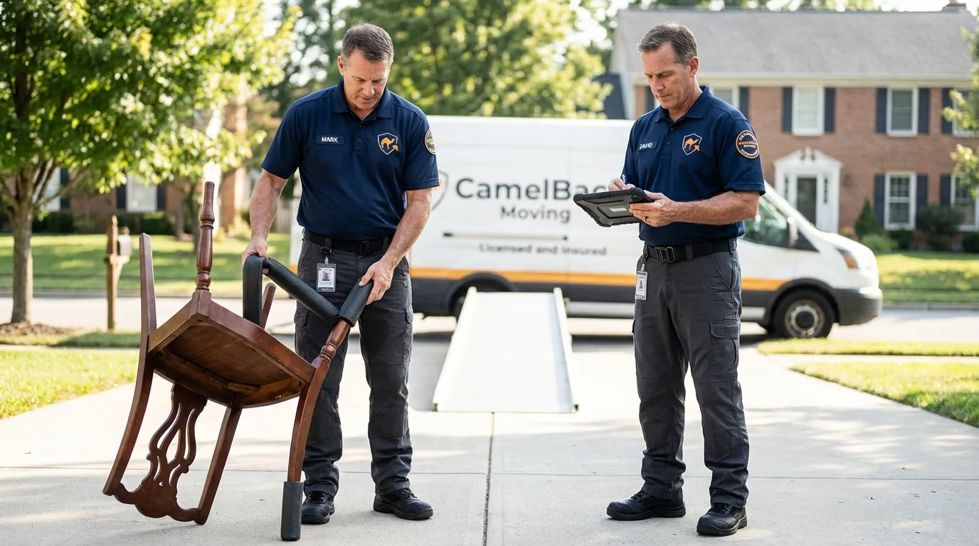 Movers inspecting furniture for damage prevention before loading in Schofield Barracks, HI