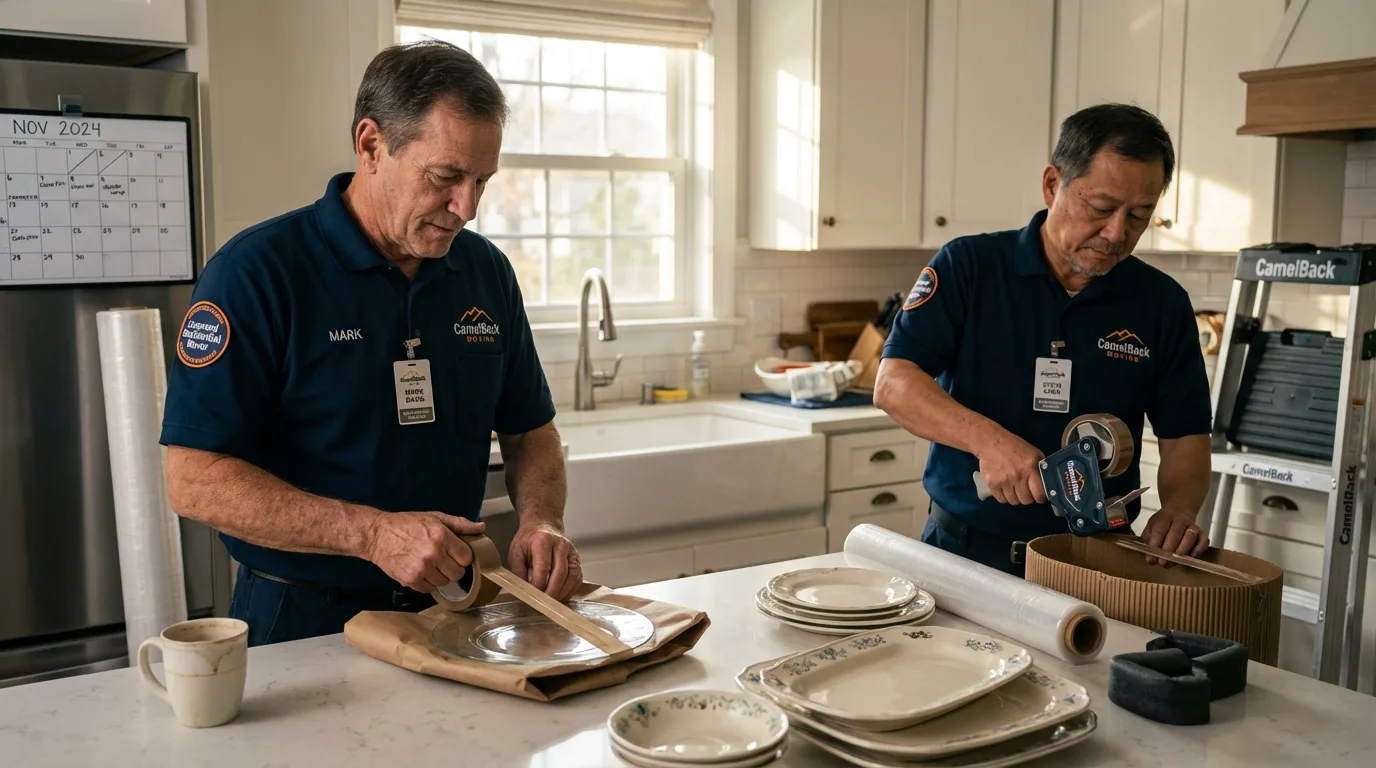 Professional crew packing kitchen dishware in Schofield Barracks, HI